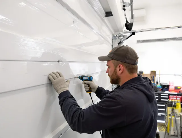 Cerritos Garage Door Repair technician demonstrating precision dent removal techniques on a Cerritos garage door