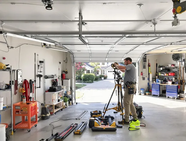 Cerritos Garage Door Repair specialist performing laser-guided track alignment in Cerritos